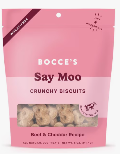 Bocce's Say Moo Beef & Cheddar Crunchy Dog Biscuits Treats 5 oz bag
