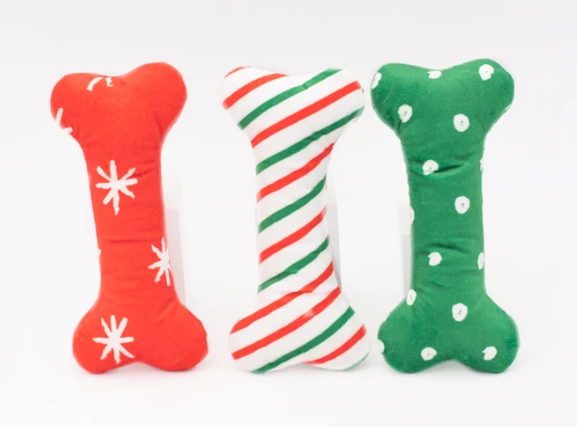 Holiday 3PK Patterned Bones Regular Plush Dog Toy